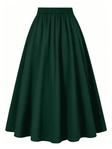 GlowEve CURVE Plus Size Women Solid Color Button Decor Pleated Elegant Skirt - Dark Green - View 2