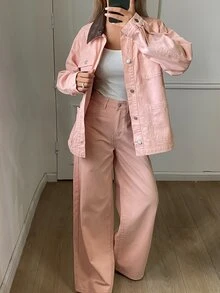 DAZY Setelan Denim Kasual Wanita Warna Pink dengan Kerah Kontras, Model Single-Breasted, dan Celana Panjang. - Berwarna merah muda - View 1