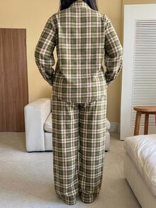 Dazy Plus Fashion Plaid Cartoon Print Loose Long Sleeve Top & Pants 2pcs Set Loungewear Pajama Outfit - Olive Green - View 5