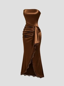 Sweetra Y2K Sexy Strapless Asymmetrical Hem Patchwork Lace Elegant Party Dress - Coffee Brown - View 1