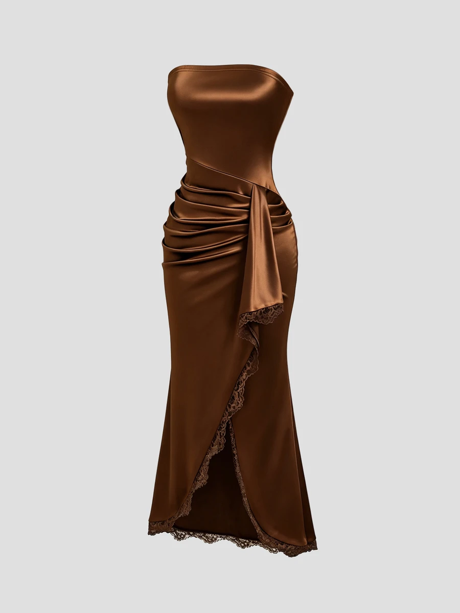 Sweetra Y2K Sexy Strapless Asymmetrical Hem Patchwork Lace Elegant Party Dress - Coffee Brown - View 1