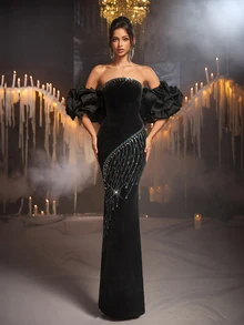 Glamrae Elegant Black Velvet Bandeau (Detachable Two Pieces Set) Contrast Color Exaggerated 3D Pleats Train Flounce Heavy Embellishment Evening Gown - Black - View 1