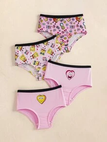 SpongeBob SquarePants | SHEIN 4pcs Girls Toddler Triangle Panties Digital Print All-Over 2pcs + Heat Transfer 2pcs Cute & Adorable 4-7Y - Pink - View 1
