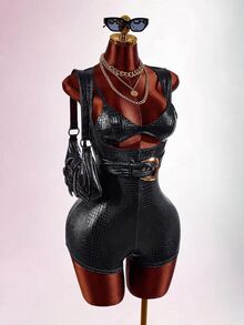 Amplova Triangle Cup Thin Strap PU Leather Buckle Tie Sleeveless Tight Bodycon Mini Jumpsuit With Super Elasticity For Women - Black - View 4