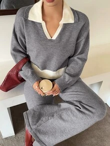 Dazy Plus Setelan Rajut Kasual dengan Sweater Pullover Pendek dan Celana Panjang Pas Badan Motif Patchwork Warna Kontras, Gaya Baru Musim Gugur/Dingin - Grey - View 4