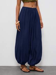 Maija Women's Solid Color Pleated Casual Boho Versatile Daily Lantern Long Pants Vacation Navy Blue - Navy Blue - View 6
