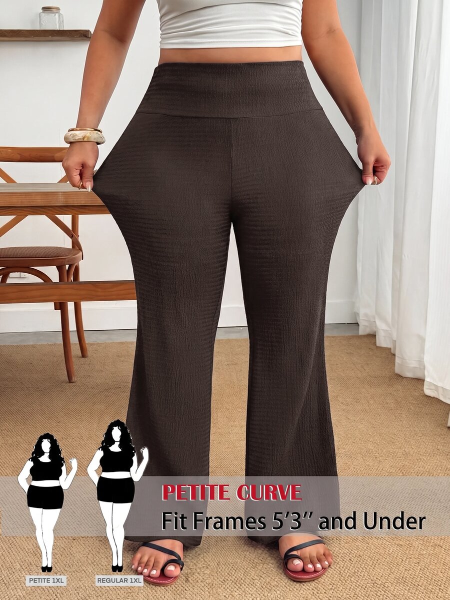 SHEIN PETITE CURVE Plus Size Women Solid Color Casual Versatile Daily Wear Long Pants Fall - Coffee Brown - View 1
