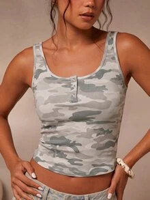 Athîral Women's Casual Basic Solid Color Tank Top, Navy Blue Lace Round Neck Front Opening Camisole, Soft Comfortable Elastic Knit Fabric, Suitable For Dating And Party Outfits - Army Green - View 1