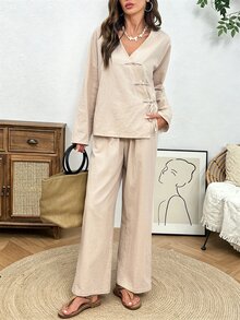 Holdful Holdful Women's Autumn New Casual Frog Button Decor Long Sleeve Two Pieces Set - Apricot - View 7