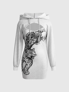 Sweetness Women's Hoodie Sweatshirt & Camisole Dress 2pcs Set Grey Leopard Print - Grey - View 1
