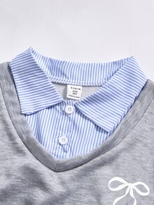 SHEIN 2件組秋冬青少年女孩寬鬆休閒可愛配色拼接2合1領口V領衛衣寬腿褲套裝校園灰色 - 灰色 - 查看 3