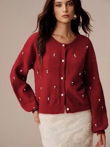 BELROSIE Fall Dark Red Solid Color Round Neck Lantern Sleeve 3D Pearl Embellished Cardigan With Pearl Buttons Women's Elegant Romantic Party Dinner Night - Burgundy - View 4