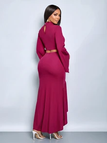 SOLERSUN Women's Mock Neck Wrap Tie Flare Sleeve Top & High Waist Ruched Asymmetrical Slit Mermaid Maxi Skirt Two Pieces Set - Burgundy - View 2