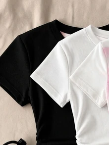 青少年女孩簡約圓領抽褶腰貼身短袖T恤，春夏百搭款 - 彩色 - 查看 3