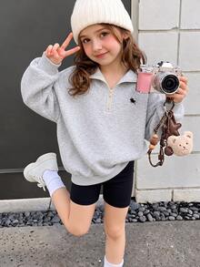 青少年女孩半拉鍊落肩加厚抓絨運動衫，秋冬款 - 彩色 - 查看 6