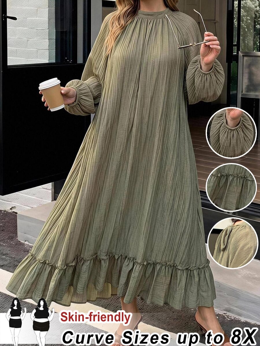 SHEIN CURVE+ 大尺碼女款純色百褶休閒派對洋裝 秋季 - 軍綠色 - 查看 1
