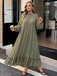 SHEIN CURVE+ 大尺碼女款純色百褶休閒派對洋裝 秋季 - 軍綠色 - 查看 5