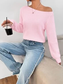 SHEIN PETITE Women's Solid Color One Shoulder Casual Daily Long Sleeve Sweater - Pink - View 4