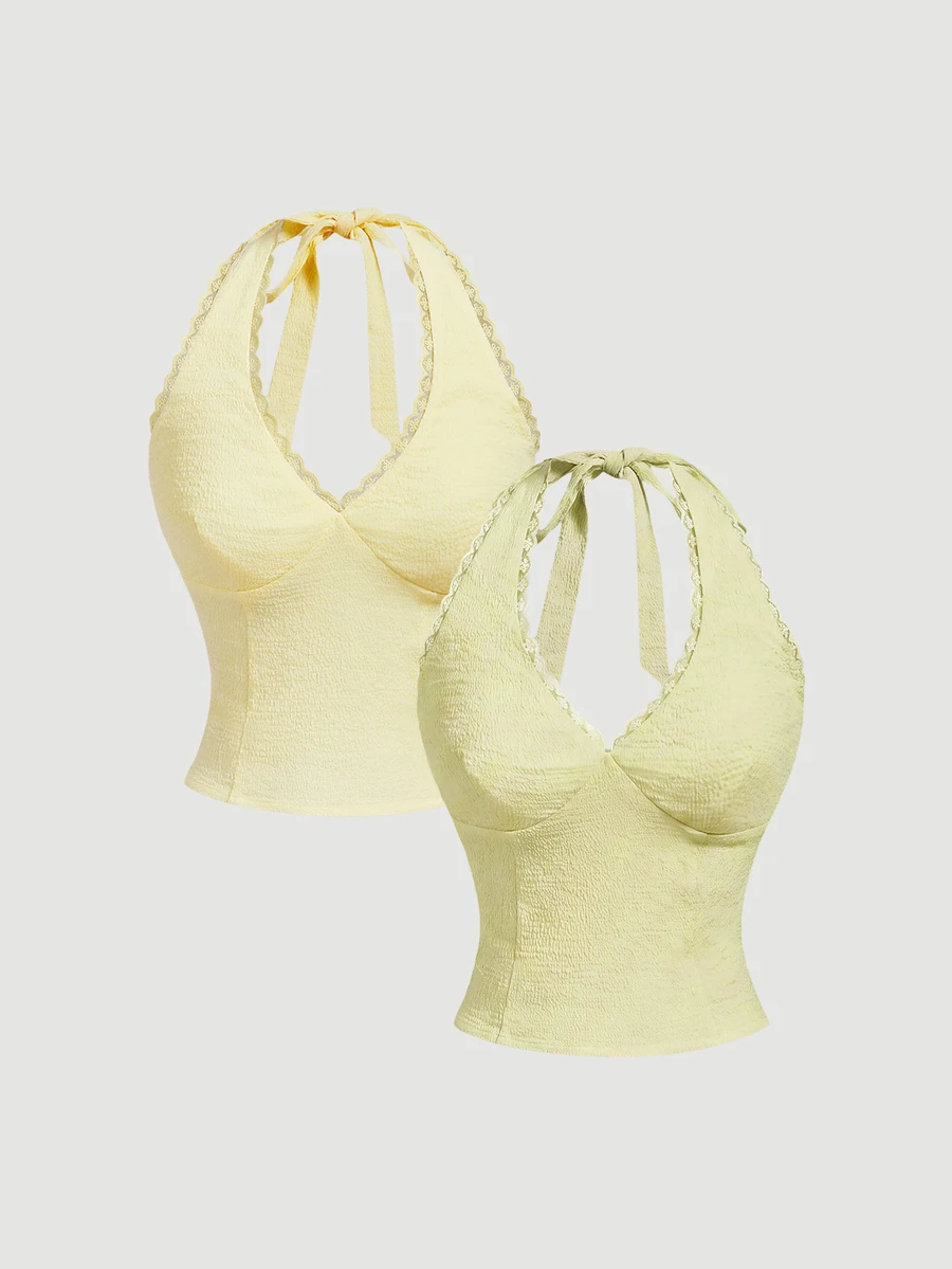 SHEIN MOD 女款蕾絲飾邊休閒百搭日常穿著掛脖上衣 - 綠色 - 查看 1