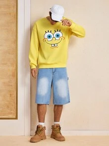 SpongeBob SquarePants | SHEIN Men's Cartoon Pattern Print Crew Neck Pullover Sweatshirt - Yellow - View 5