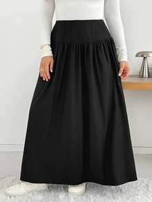 Shapeblank Plus Size Women Solid Color Pleated Casual Versatile Daily Wear Skirt - Black - View 1
