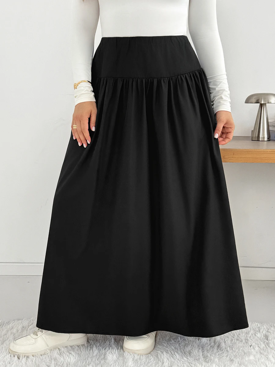 Shapeblank Plus Size Women Solid Color Pleated Casual Versatile Daily Wear Skirt - Black - View 1