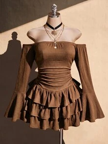 SHEIN ICON 女款大尺碼黑色紋理露肩洋裝 - 棕色 - 查看 3