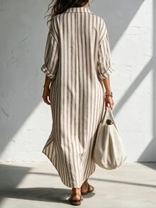Linhara CURVE Autumn/Winter New Blue White Stripe Fashion Boho Casual Vacation Women's Long Dress Plus Size Fall - Khaki - View 2