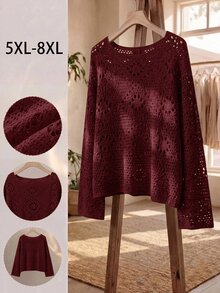 SHEIN CURVE+ Pullover Ukuran Besar Motif Bunga Berlubang dengan Lengan Kelelawar, Pullover Rajut Hijau, Musim Gugur dan Dingin 2026 22W - Burgundy - View 1