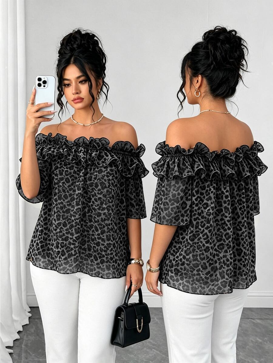 Elenzga Elegant Lady Commute Leopard Print Ruffle Trim Ruffle Short Sleeve Chiffon Plus Size Women Blouse Spring Summer Vacation Beach - Grey - View 1