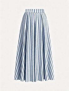SHEIN Holidaya 女款 A 字純色高腰長裙套裝 - 藍色 - 查看 3