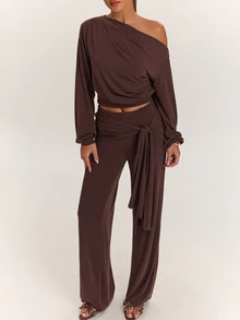 SHEIN BAE Fall Clothes For Women Sexy Asymmetrical Shoulder Top & Tie Waist Long Pants Brown Two Pieces Set Elegant Set Casual Set - Brown - View 6