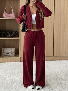 SHEIN EZwear 女款純色單排扣長袖夾克與腰帶褲兩件套 - 酒紅色 - 查看 6