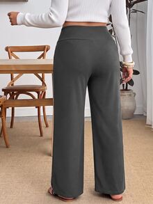 SHEIN PETITE CURVE 大尺碼女款純色高腰長褲，極簡日常穿搭，適合約會、度假、派對、日常外出、聚會、戶外活動 - 灰色 - 查看 4