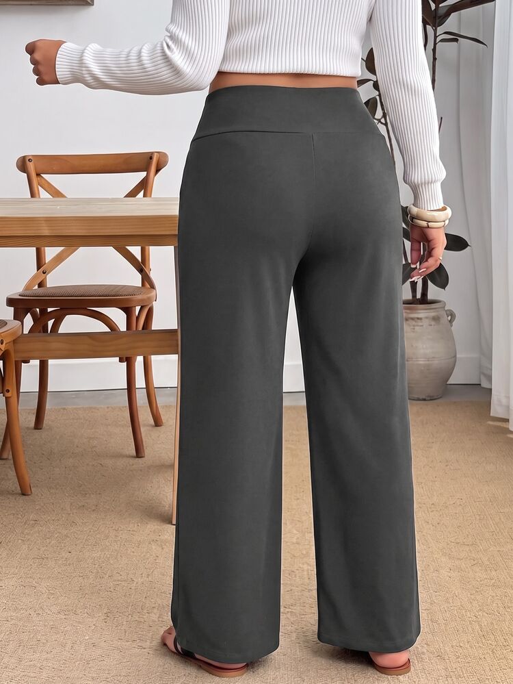 SHEIN PETITE CURVE Plus Size Women's Solid Color High Waist Long Pants, Minimalist Daily Wear Suitable For Dating, Vacation, Party, Daily Outings, Gatherings, Outdoor Activities - Grey - View 4