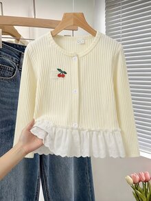 DAZY Girls Autumn Cherry 3D Decor Sweet Apricot Lace Knit Cardigan Long Sleeve Undershirt - Apricot - View 3