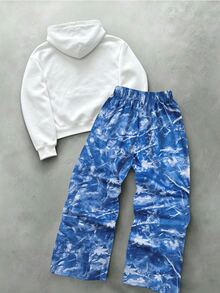 SHEIN Teen Boy Lips Print Hoodie & Plants Print Contrast Striped Side Sweatpants Set - Multicolor - View 2