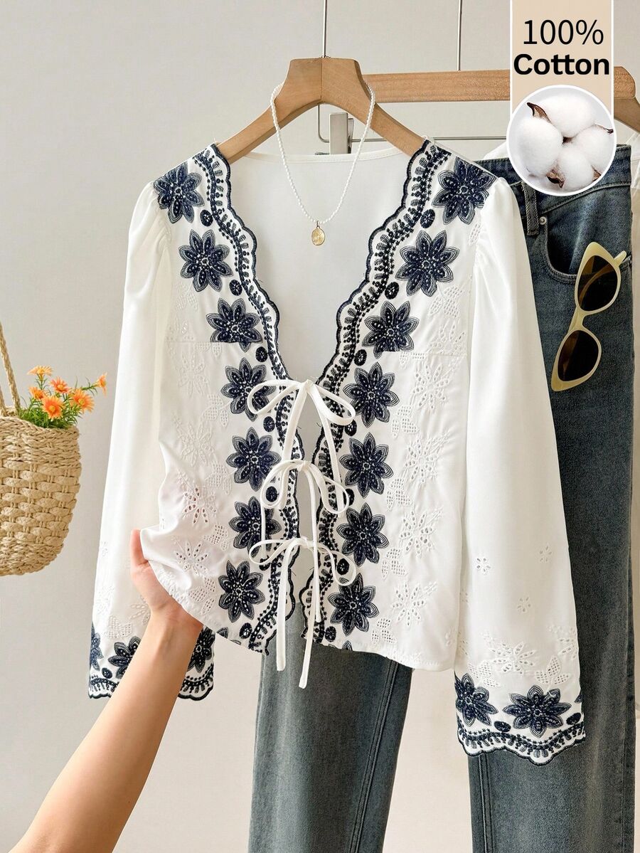 Muvela Women's Elegant Hollow Floral Design Blouse - Blue and White - View 1