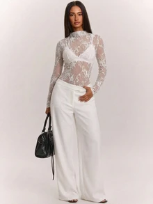 SHEIN BAE جمبسوت نسائي بأكمام طويلة مزين بالدانتيل المحبوك بلون أبيض سادة للخريف والشتاء - أبيض - مشاهدة 3