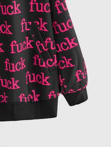 ROMWE Autumn/Winter Punk Slogan Street Print Open Front Hooded Sweatshirt - Hot Pink - View 4