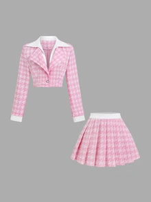 Sweetra American Style Commuter Girl Two Pieces Set, Stand Collar 2 In 1 Design Outerwear With Unique Pleated Slimming Textured Fabric Skirt, Early Autumn Bright Color Fashion Women's Two Pieces Set - Pink - View 2