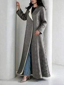 Yasmyna Women's Grey Woven Jacquard Single Lapel Contrast Color Long Sleeve Abaya - Grey - View 7