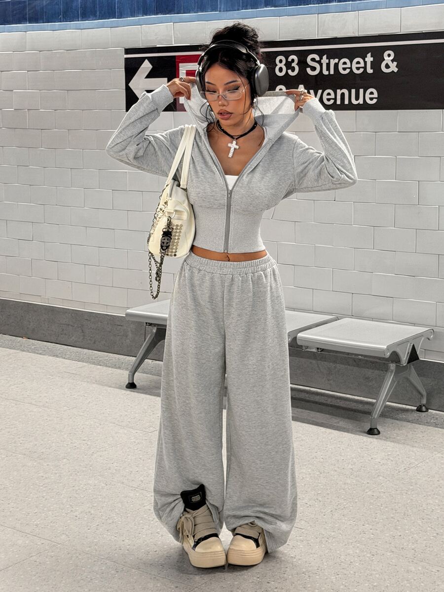 StreetHx Women's Casual Street Daily Light Gray Comfortable - Jacket + Pants - Autumn/Winter Mix & Match Free - Sports Campus Two Pieces Sweatshirt Set - Grey - View 1