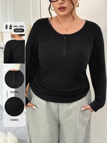 SHEIN CURVE+ Plus Size Casual Solid Color Long Sleeve Button T-Shirt, Comfortable Black Top For Autumn Outings, Suitable For Plus Size 5XL-8XL - Black - View 1