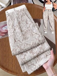 GlowEve CURVE 大尺碼佩斯利印花寬腿長褲 - 杏色 - 查看 5