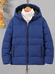 SHEIN 男童戶外運動保暖舒適簡約拉鍊純色防污黑色加厚外套 - 藍色 - 查看 3