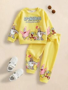 SpongeBob SquarePants | SHEIN Young Boy Cartoon Print Long Sleeve Sweatshirt And Jogger Pants Set - Yellow - View 1