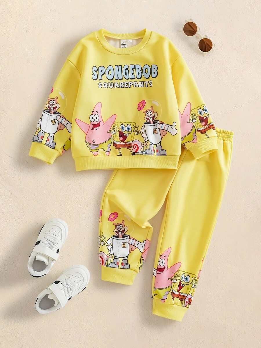 SpongeBob SquarePants | SHEIN Young Boy Cartoon Print Long Sleeve Sweatshirt And Jogger Pants Set - Yellow - View 1