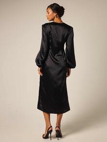 COSMINA Women's Casual Elegant Satin Black Polka Dot Lace Patchwork Dress - Black - View 2