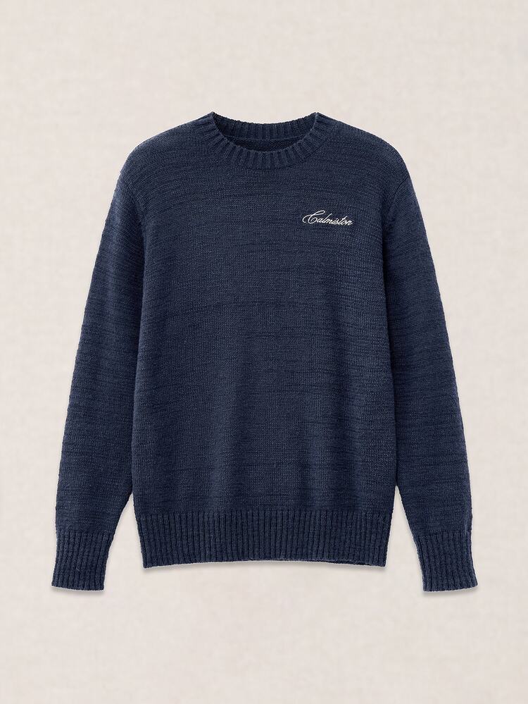Calmiston Contains Wool Sleeve Pullover Sweater, Casual Knitted Autumn/Winter Clothing, Loose Fit Navy Blue Fashionable Daily Wear With Letter Embroidery, - Navy Blue - View 7